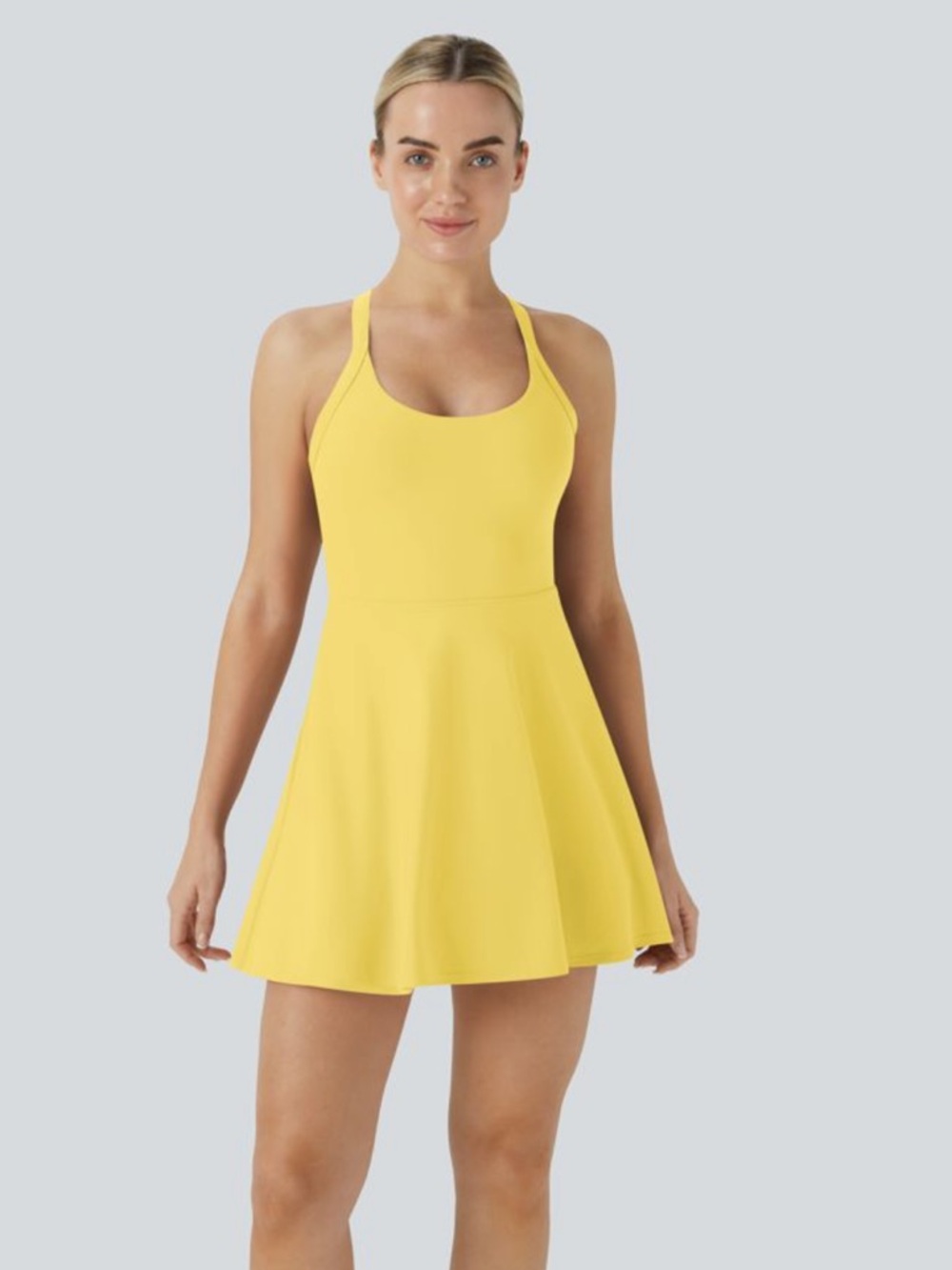 Halara SoftlyZero Backless Tennis Dress Goldfinch Built-In Shorts Cool Touch - Picture 3 of 9